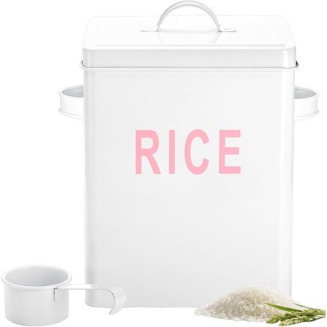 Contenitore per riso in metallo da 4,5 kg, contenitore quadrato per riso con coperchio e cucchiaio dosatore, contenitore ermetico per cereali e legumi (1/5)