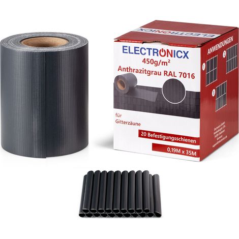 Electronicx PVC Sichtschutzstreifen Sichtschutzrolle Anthrazit Doppelstabmatten 70m x 19cm 450g/m² inkl. 40 Befestigungsclips - Premium