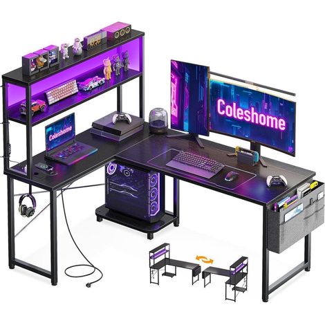 Eckschreibtisch LED L-förmiger Computertisch Steckdosen (1/5)
