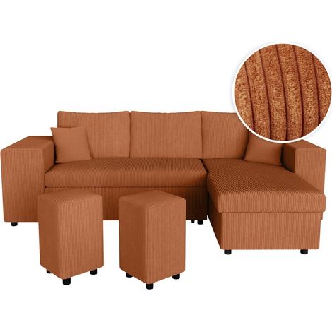 Canapé d'angle réversible MADY avec coffre, rangement poufs à gauche en velours côtelé terracotta (1/5)