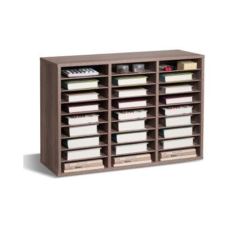 Organizador de Literatura, Clasificador de Archivos de 27 Compartimentos 800 x 297 x 550 mm con Estantes Extraíbles, Clasificador de Madera de Aglomerado para Oficina, Hogar, Aula, Negro y Gris (1/5)