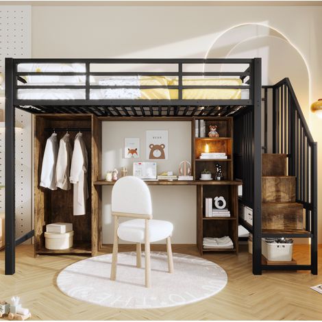 REDOM - Cama alta 90x200 cm con almacenamiento armario escritorio escalones con almacenamiento metal negro sin colchón (1/5)