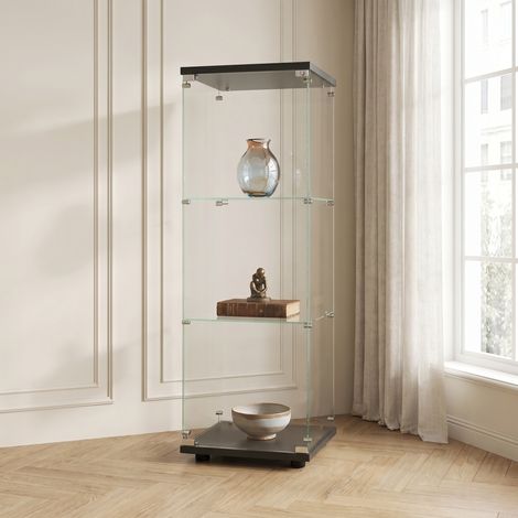Vetrina in vetro a 3 livelli 42x36x125 cm, mobile espositore con serratura, in vetro temperato, stile moderno, nero