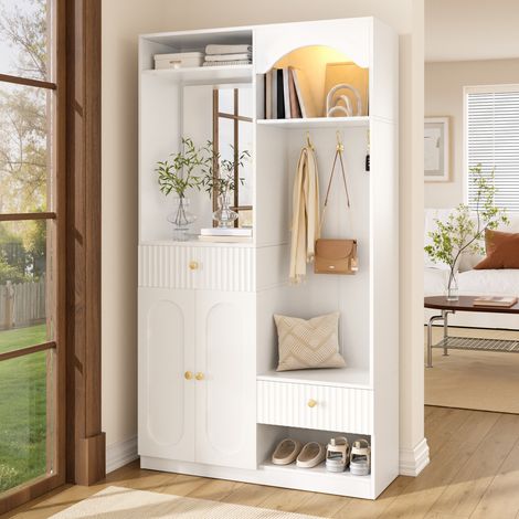 Zapatero de entrada 100x35x180 cm de MDF con espejo, banco, LED, estantes ajustables y amplio almacenamiento, blanco (1/5)