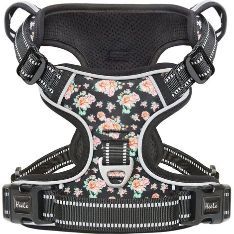 Harnais Chien, Harnais Chien Anti Traction, Réfléchissant, avec Poignée Rembourrée Contrôl, 2 Anneaux Métal, Harnais pour Petit Moyen et Grand Chien, Fleur-Noir, L (1/5)