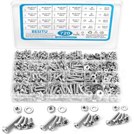 Kit assortimento di viti per macchina da 720 pezzi, testa piatta Phillips 10-248-326-324-40, dadi e bulloni assortiti e rondelle piatte, assortimento di viti in acciaio inossidabile con custodia (1/5)
