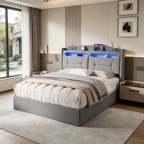 Lit Coffre 140x200cm en Tissu, Cadre de Lit avec Tête de Lit de Rangement, LED RGB et Station de Charge USB/EU, Sommier à Lattes, , Lin, Gris (1/5)