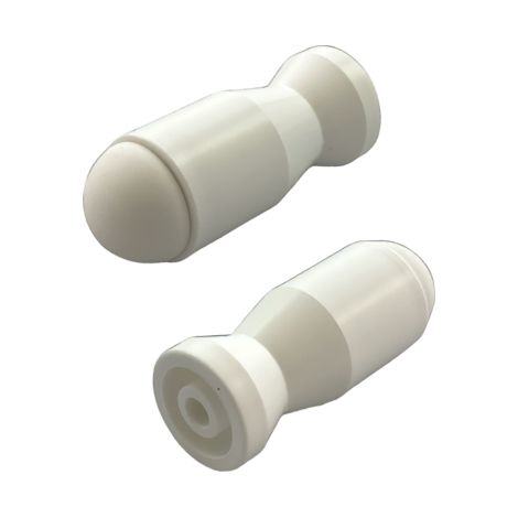 Lot de 2 butoirs muraux en plastique blanc. Diamètre 27mm et longueur 70mm. Bouchon amortisseur en élastomère blanc. MADE IN FRANCE (1/4)