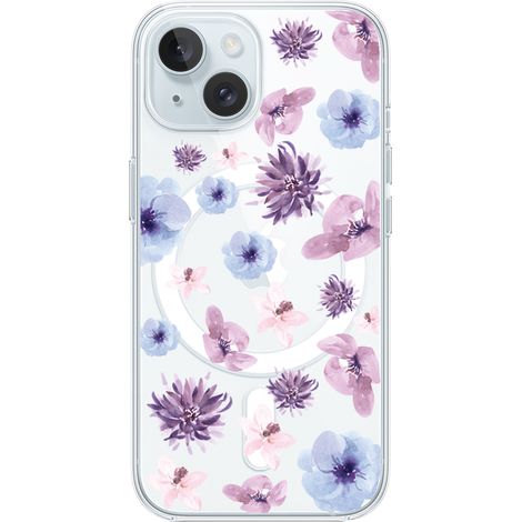 Custodia per iPhone 15 Plus con MagSafe, trasparente, in silicone flessibile, blu, con fiori viola (1/5)