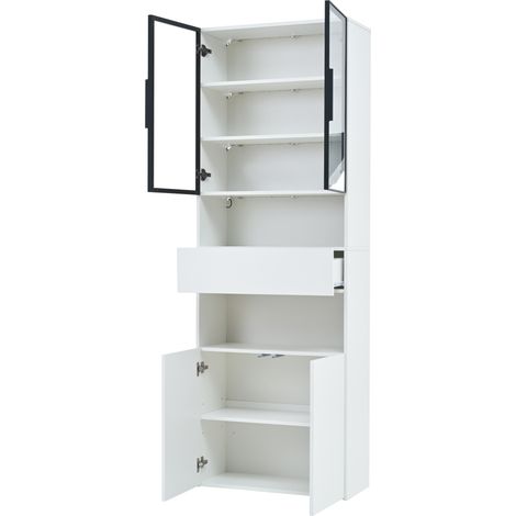 Vitrina alta blanca 70 x 30 x 200 cm con puertas de cristal, cajón, almacenaje y LED (1/5)