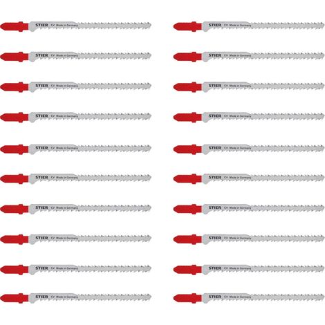 STIER Stichsägeblatt, 20 Stück, ST3182, Schnittlänge S 95 mm, Zahnteilung 2,2-3,2 mm, perfekt geeignet zum Zuschneiden von Holz, Arbeitsplatten, Verbundplatten, CV-Stichsägeblatt (1/5)