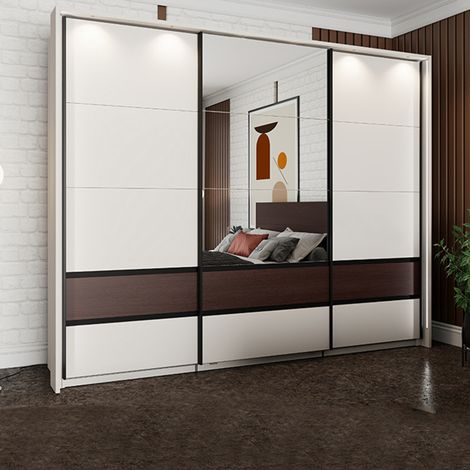 Drei Türen Sapa Kleiderschrank, Schlafzimmer Schrank 3 Einlegeböden, Kleiderstange, Schiebetüren, 267x62 cm Cremeweiß (1/5)