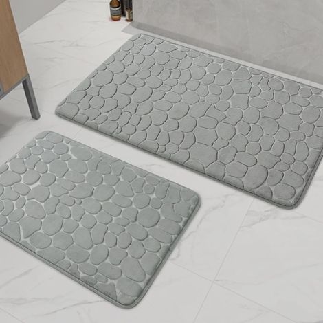 Lot de 2 tapis de salle de bain en mousse à mémoire de forme épais et antidérapants pour baignoire, WC et sol Gris clair (1/5)