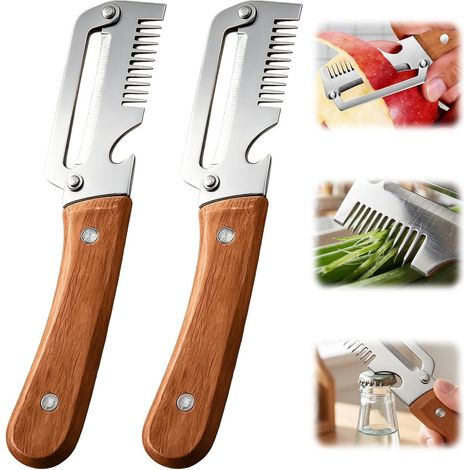 Pelapatate multifunzione in 2 pezzi per la cucina - Set 3 in 1 per pelare e tagliare verdure - Pelapatate con manico in legno - Pelapatate per frutta e verdura - Per preparare frutta e verdura in cuci (1/5)
