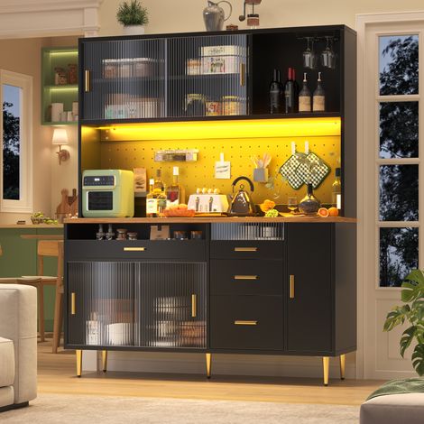 Aparador vitrina 145x39x171 cm de MDF negro con almacenaje para comedor FloraGrace (1/5)