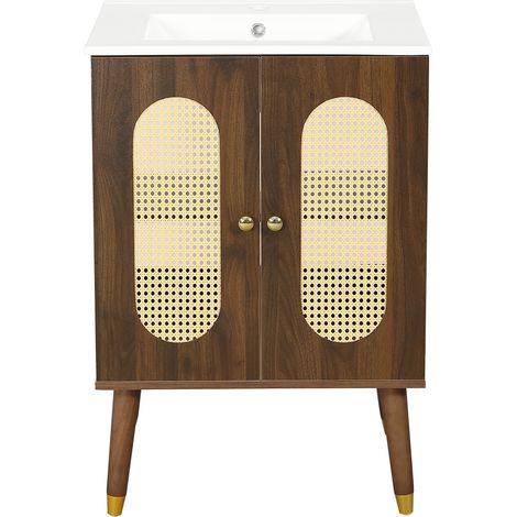 Mobile bagno con lavabo in ceramica 61 cm, ante in rattan e MDF noce (1/5)
