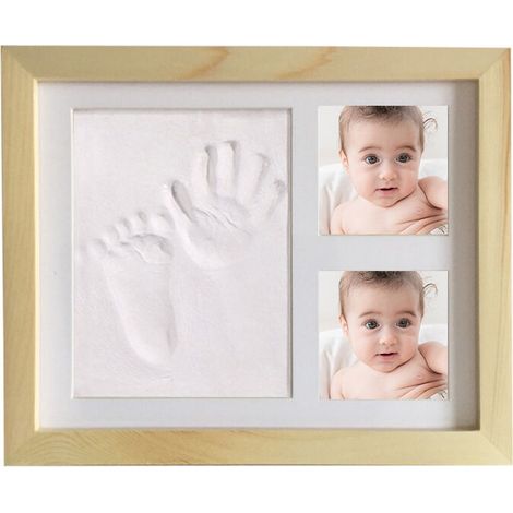 Baby Foot and Handprint Kit - Wooden Frame, Acrylic Glass, Support for 2 Photos - Gift Idea for Children, Young Mums and Dads (log photo frame)