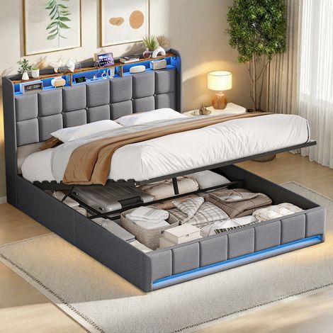 Lit double 160x200cm, Lit coffre avec tête de lit rangement, led et ports usb, Cadre de lit avec sommier à lattes, gris lin lit capitonné (1/5)