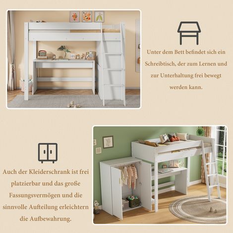 Lit mezzanine enfant, lit multifonctionnel pour enfants, avec échelle, avec bureau, avec armoire, combinable librement, sans matelas, bois massif, blanc 90200 (1/5)