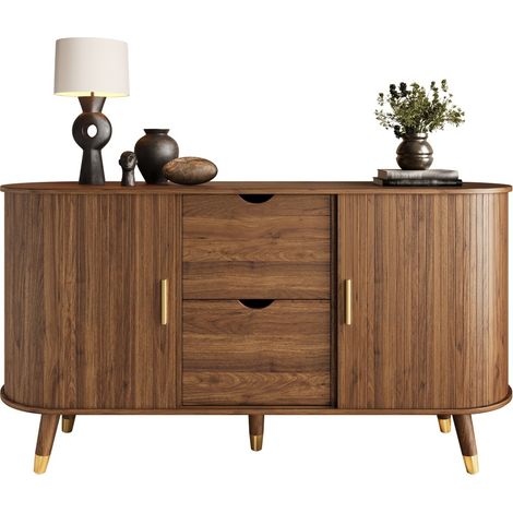 Optimiser Espace et Décoration Buffet Bas Effet Noyer Coins Arrondis 2 Tiroirs Portes Rainurées Pieds Bois (1/5)