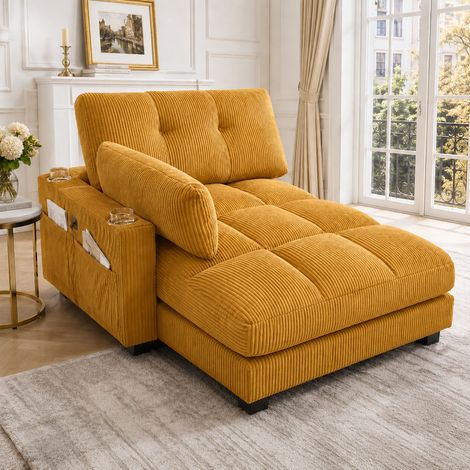 Fauteuil relax 140x112x81 cm en velours côtelé - Avec port USB 2 porte-gobelets et poche latérale - Jaune moutarde (1/5)