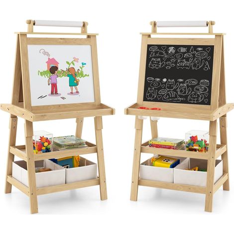 Costway – Chevalet pour enfants 3 en 1 – Tableau de dessin double face avec rouleau de papier – 2 étagères et 2 bacs de rangement – MDF naturel