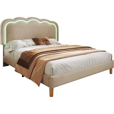 Lit double LED 140 x 200 cm avec tête de lit réglable, sommier à lattes et revêtement tissu beige pour chambre adulte et chambre d'amis - CHICFURN (1/5)