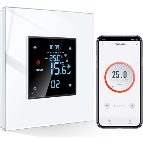 [PRODUIT RECONDITIONNE] CNBINGO Thermostat intelligent encastré Wi-Fi avec vitre en verre cristal - Compatible Alexa et Google Assistant - 16 A - Blan
