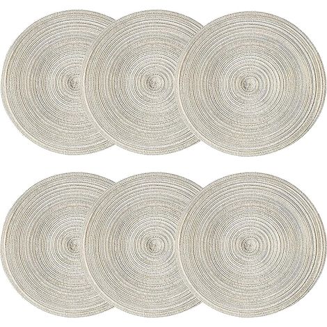 Set aus sechs runden, gewebten Platzsets, 38 cm Durchmesser, waschbar, rutschfest, hitzebeständig, geeignet für Küchen, Restaurants, Partys, beige.