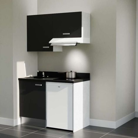 Kitchenette K01L - 120 cm - plan monobloc évier intégré Nero- évier à gauche - Façades Noir + Electroménager inclus coloris Blanc (1/5)