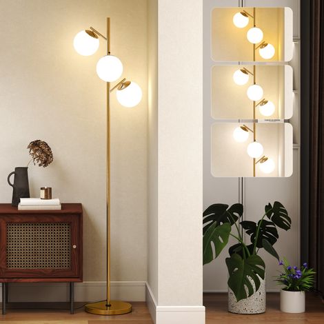 3-Light Tree Floor Lamps for Living Room-Modern Standing Lamp for Bedroom with Globe Lampshade-3000K/4000K/6000K Colour Temperatures-Steel Base-Gold Tone (1/5)