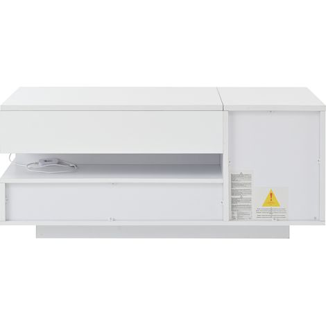 Mesa de centro elevable blanca con LED, cajón, armario y almacenamiento oculto, 95 x 50 cm (1/5)
