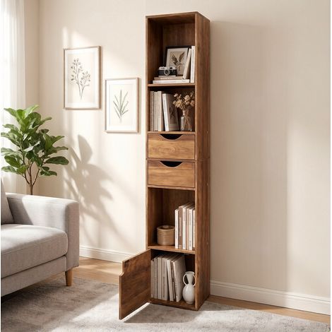 Libreria stretta con 3 vani, 2 cassetti e armadietto con anta 30 x 24 x 157,5 cm marrone (1/5)