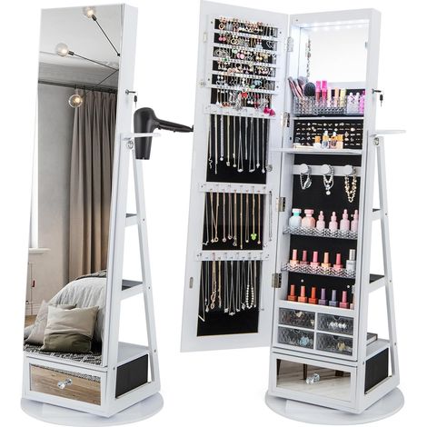 COSTWAY Armoire à Bijoux avec Miroir sur Pieds, Pivotant 360°, Miroir Psyché sans Cadre, Lumières LED, Verrouillable, Support pour Sèche-Cheveux, 3 Étagères à l’Arrière, Grand Tiroir (Blanc) (1/5)