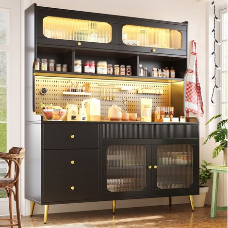 Aparador alto 145x39x171 cm MDF, metal y vidrio negro con LED App, ahorra espacio - MEUBLIV (1/5)