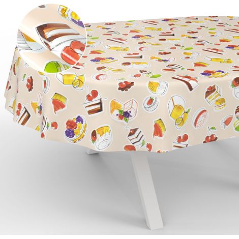 Nappe en Toile cirée Lavable, pour Table de Jardin, extérieur, intérieur, Ovale, Bord coupé, Dessert, Beige, 180 x 140 cm (1/5)