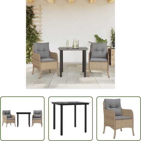 Gartenstuhl - 3-tlg. Garten-Essgruppe mit Kissen Beige Poly Rattan (1/5)
