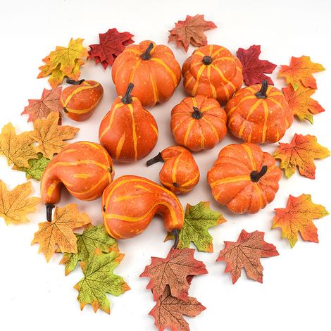 Bombas de mesa decorativas [Set de decoración de otoño] con pequeñas calabazas artificiales, hojas de arce, bayas rojas, bellotas y piñas para manualidades y decoración – 7 tipos de calabazas, 6 color (1/5)