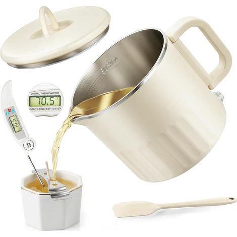 Fondoir à Cire Électrique 1L 600W, Kit Fabrication de Bougies avec Thermomètre et 100 Mèches, Contrôle Précis de la Température, Pot à Cire pour Bougies DIY (1/5)