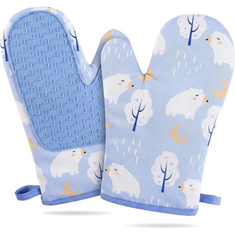 Lot de 2 gants de cuisine en silicone et coton résistants à la chaleur jusqu'à 230 °C avec surface antidérapante et boucle de suspension 27 x 18 cm couleur bleue (1/5)