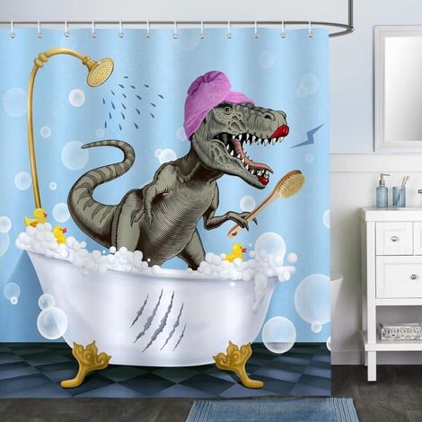 Funny Dinosaur Shower Curtain - Polyester Fabric Bath Curtain, Anti-Mold, Waterproof, Washable - Bathroom 180 x 180 cm with 12 Bathtub Hooks (1/5)