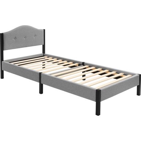 ML-Design Letto 90x200 cm, Giroletto Singolo, Struttura Robusta, Testiera Imbottita e Rete a Doghe, Telaio in Acciaio e Tessuto di Lino, Grigio, Spazio di Archiviazione Sotto il Letto, per Cameretta (1/5)