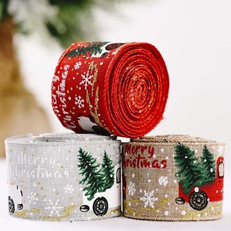 1 Ruban de Noël en toile de jute, bord filaire, rouge, 5cm x 5m, pour arbre de Noël, guirlande, décoration de fête (1/4)