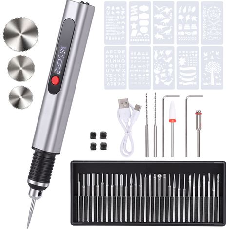 Mini penna elettrica ricaricabile senza fili per incisione su metallo, vetro, ceramica, plastica, legno e gioielli, con 30 punte, 10 stencil e 1 penna per ricalcare (argento)