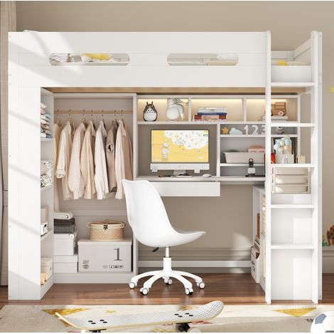 Cama alta 90x200 cm con escritorio, armario, cajón, estantes, LED y USB, blanca (1/5)