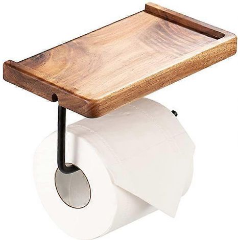 Porte-rouleau de papier toilette mural avec étagère, support en bois pour salle de bain, porte-papier toilette pratique pour la cuisine et la salle de bain (1/5)