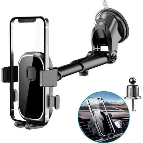 Support de téléphone de voiture. [2 en 1] Pare-brise et bouches d\'aération à double fonction, 360°rotation, libre et rétractable (1/4)