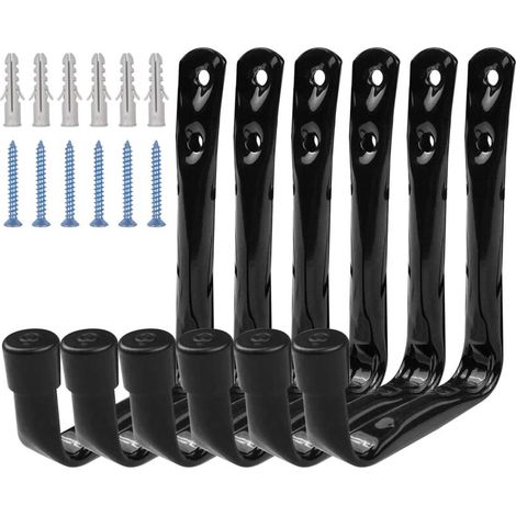 Lot de 6 Crochets de Rangement de Garage Robustes, Support Mural avec Visser Set, Crochet Utilitaires Résistants de Stockage en Acier pour Outils Êlectriques Êchelle Vélos 11.5cm x 9cm Noir (1/5)
