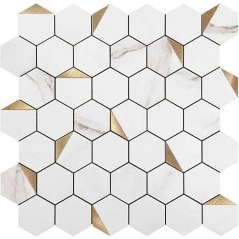 Carta da parati autoadesiva effetto piastrelle, motivo esagonale bianco, 30 x 30 cm, stile mosaico, adesivo da parete, pellicola decorativa impermeabile per piastrelle di bagno e cucina.