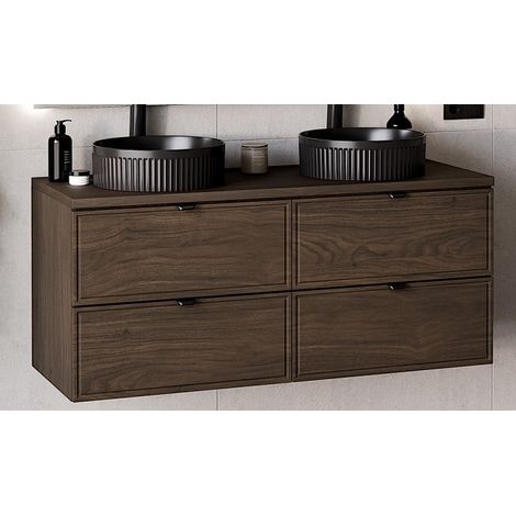 Meuble Salle de Bain 120 cm + Plateau + Double Vasques Noires Mattes - Caldera Foncé - Livraison gratuite